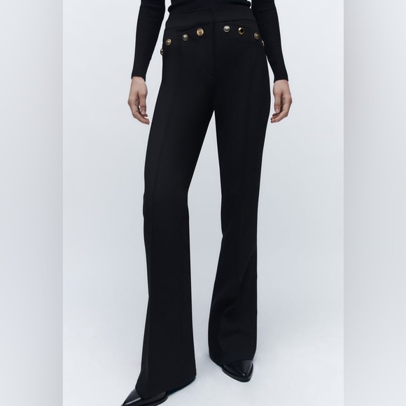 Zara Black Gold Button Detail Flared Pants - Picture 2 of 9
